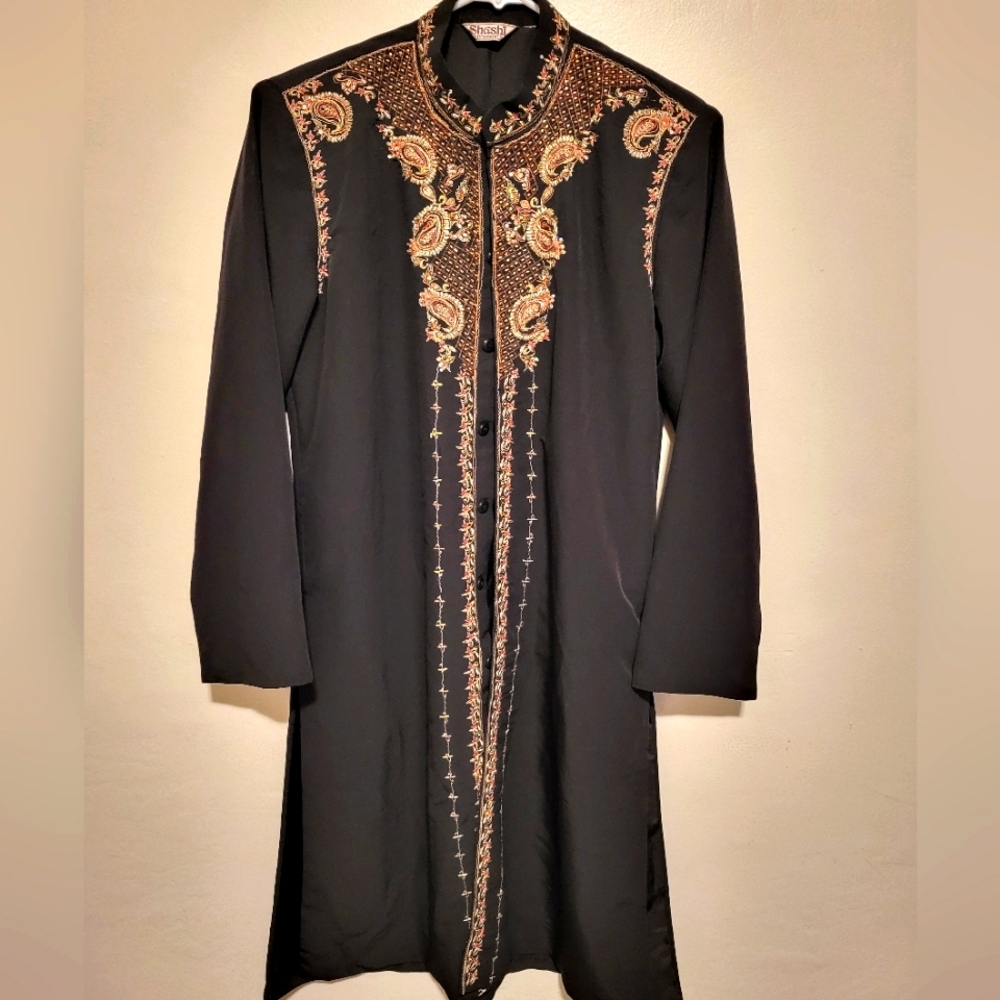 Embroidered Black Long Coat